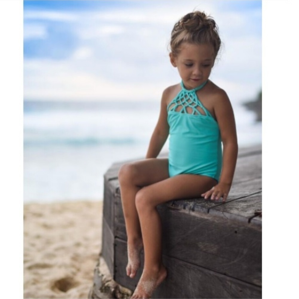 Girl Swimsuit, One Piece Halter Style, Aqua